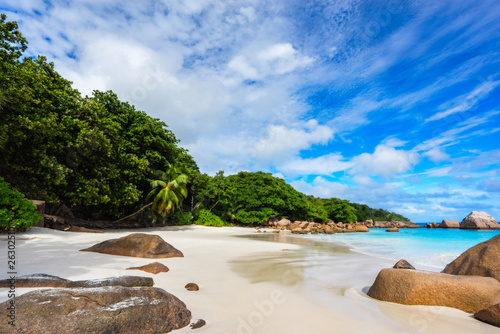Paradise beach.White sand,turquoise water,palm trees at tropical beach,seychelles 40