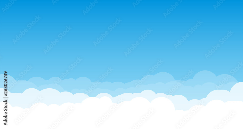 Sky with clouds wide background. Blue sky with white clouds on background.  Cartoon, flat style background of sky and clouds. Spring and summer light  blue cloudscape. Stock Vector