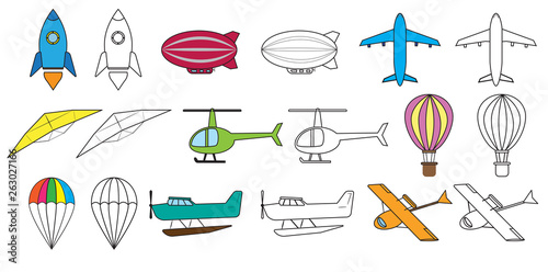Air transport set and coloring book. Vector illustration