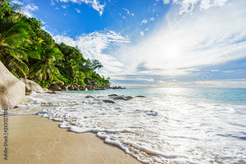 Paradise tropical beach with rocks,palm trees and turquoise water in sunshine, seychelles 14