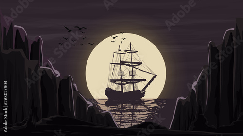 The ship stands in the port against the moon going beyond the horizon.