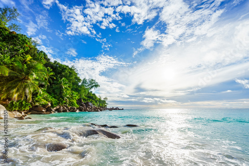 Paradise tropical beach with rocks,palm trees and turquoise water in sunshine, seychelles 28