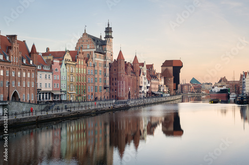 Old town of Gdansk in the early morning  an embankment and famous crane Zurav.