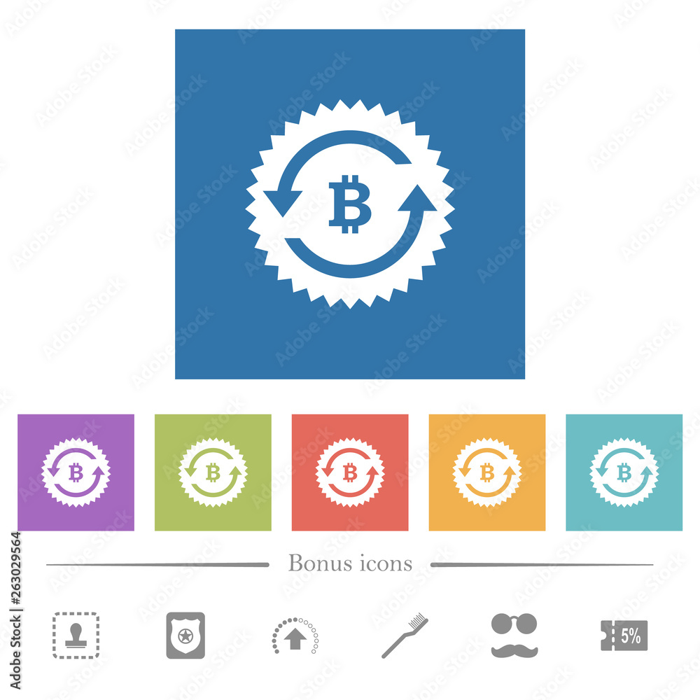 Bitcoin pay back guarantee sticker flat white icons in square backgrounds