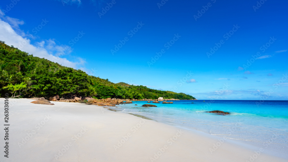 Paradise beach.White sand,turquoise water,palm trees at tropical beach,seychelles 21