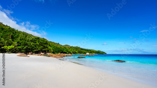 Fototapeta Naklejka Na Ścianę i Meble -  Paradise beach.White sand,turquoise water,palm trees at tropical beach,seychelles 21