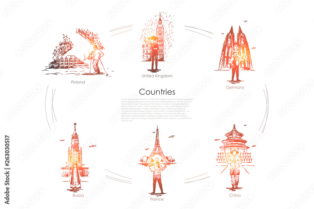 Countries - Finland, United Kingdom, Germany, France, Russia, China vector concept set