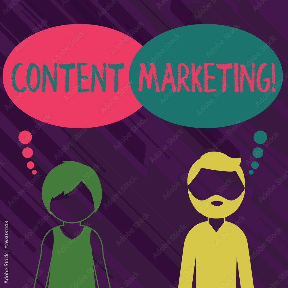 Conceptual hand writing showing Content Marketing. Concept meaning involves creation and sharing of online material Bearded Man and Woman with the Blank Colorful Thought Bubble Conceptual hand writing showing Content Marketing. Concept meaning involves creation and sharing of online material Bearded Man and Woman with the Blank Colorful Thought Bubble