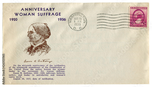 Washington D.C., The USA  - 26 August 1936: US historical envelope: cover with cachet Anniversary woman suffrage Susan B. Anthony, postage stamp three cents, cancellation photo