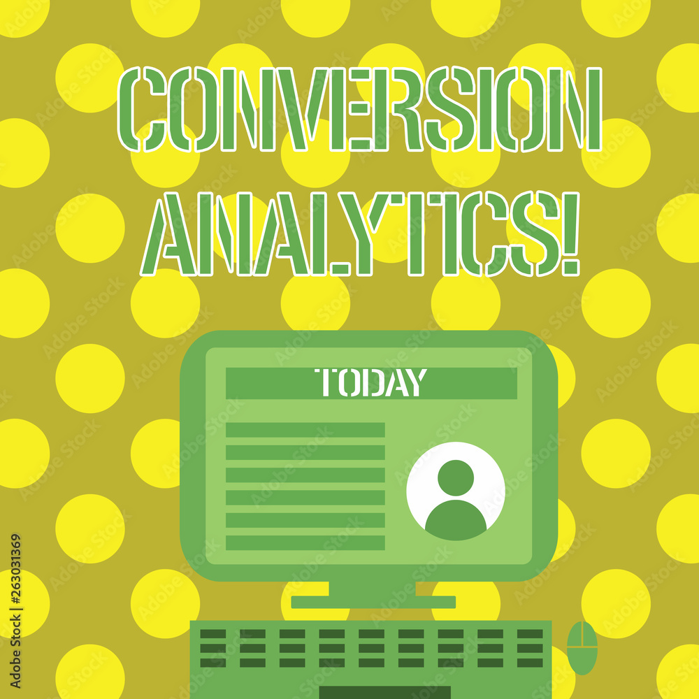 Fototapeta premium Word writing text Conversion Analytics. Business photo showcasing action that s is counted when someone interacts with ad Desktop Computer Mounted on Stand with Online Profile Data on Monitor Screen