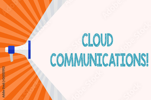 Text sign showing Cloud Communications. Business photo text the internetbased voice and data communications Megaphone Extending the Capacity of Volume Range thru Blank Space Wide Beam photo