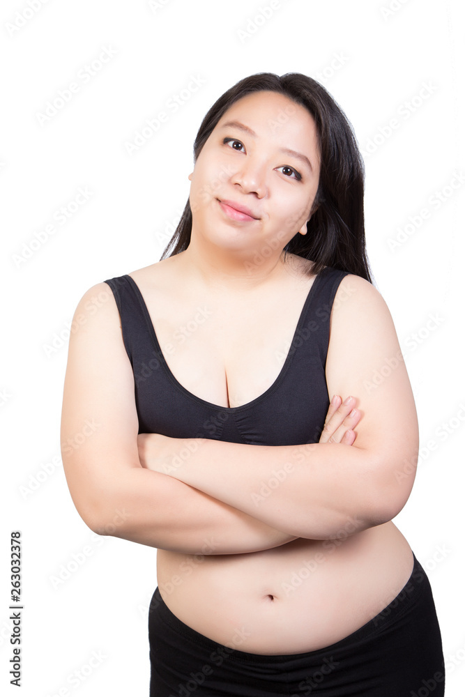 fat woman overweight arms crossed smile face isolated on white background Stock Adobe Stock