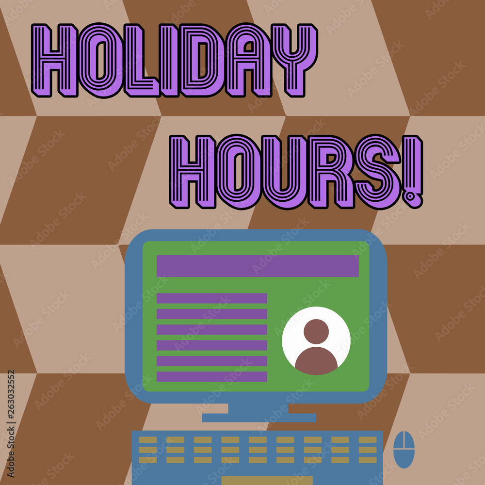 Writing note showing Holiday Hours. Business concept for Overtime work on for employees under flexible work schedules Computer Mounted on Stand with Online Profile Data on Screen Writing note showing Holiday Hours. Business concept for Overtime work on for employees under flexible work schedules Computer Mounted on Stand with Online Profile Data on Screen