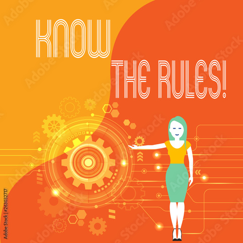 Handwriting text Know The Rules. Conceptual photo set explicit or regulation principles governing conduct Woman Standing and Presenting the SEO Process with Cog Wheel Gear inside