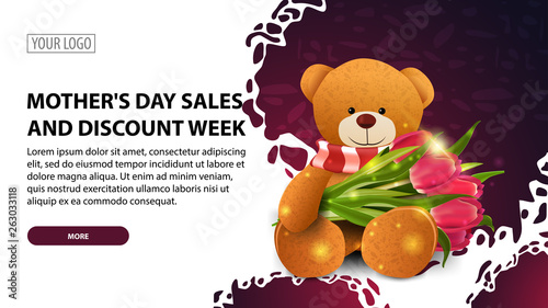 Mother's day sales and discount week, modern horizontal discount banner with a modern texture and Teddy bear with a bouquet of tulips © DDevicee