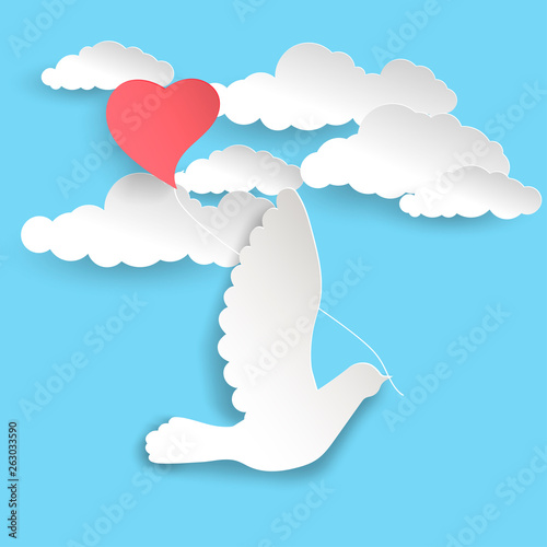 sea and sky. Dove and heart.White, fluffy clouds.   Origami Happy Valentine's day greeting card. Flying bird of love in the style of a paper cut. heart as a balloon. Vector illustration.