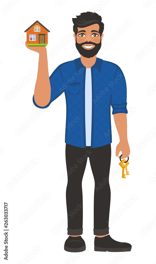 Real estate broker agent with keys. House building, mortgage, property home, buy apartment, sale and rent housing. Cartoon character on white background. Flat style. Vector illustration.