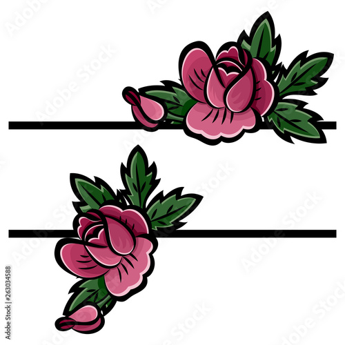Border with flower bouquet of pink roses, buds and green leaves with black stroke. Decoration element of cards, invitations, scrapbooking. Isolated on white background. Eps10 vector illustration.