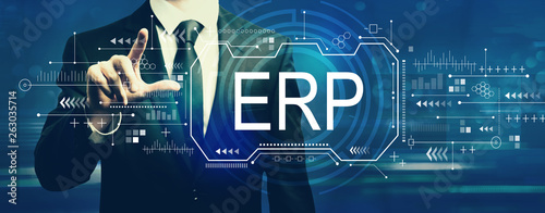 Enterprise resource planning with businessman on a dark blue background