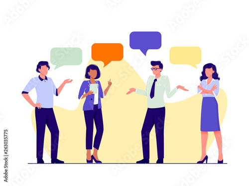 People talking together. Business men and women discuss news, ideas, projects. Dialogue speech bubbles. Brainstorming, chat, looking for idea. Flat vector illustration.