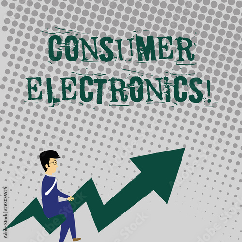 Handwriting text writing Consumer Electronics. Conceptual photo consumers for daily and noncommercial purposes Businessman with Eyeglasses Riding Crooked Color Arrow Pointing Going Up photo