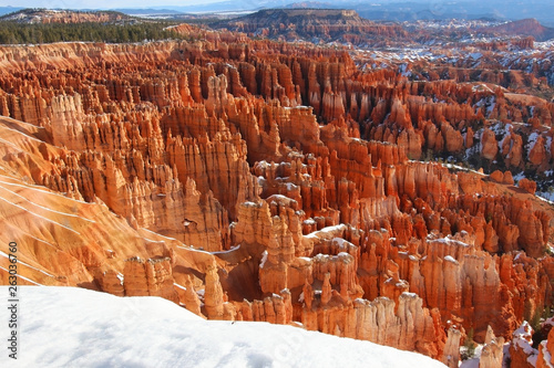 Amazing landscape in Bryce Canyon. Scenic view with amphitheater covered by snow from Inspiration Point. Bryce Canyon National Park, Utah, Southwest USA.