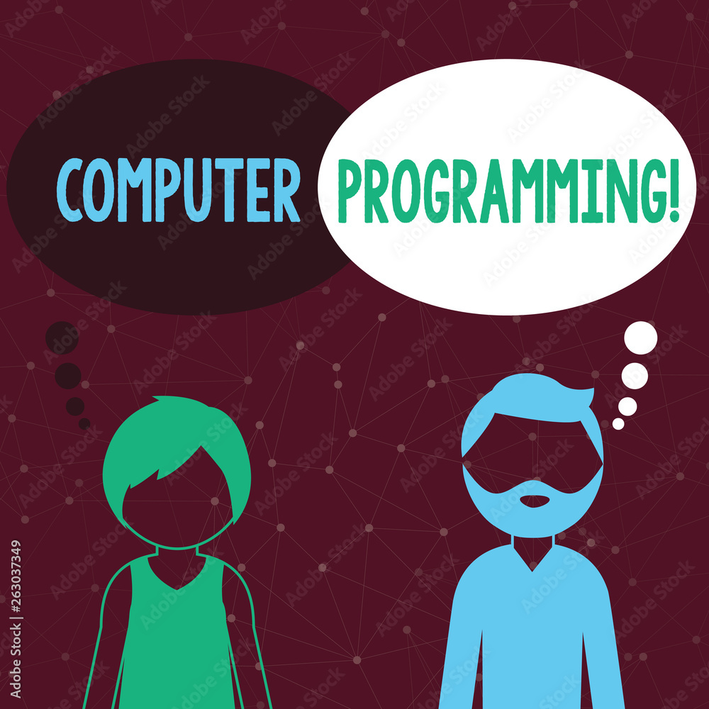Handwriting text writing Computer Programming. Conceptual photo process that instructs a computer on how to do a task Bearded Man and Woman Faceless Profile with Blank Colorful Thought Bubble Handwriting text writing Computer Programming. Conceptual photo process that instructs a computer on how to do a task Bearded Man and Woman Faceless Profile with Blank Colorful Thought Bubble