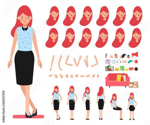 Business woman different pose character. animated face emotion and mouth. Office tutorial.