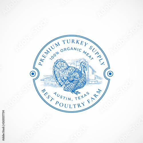 Premium Turkey Farm Framed Retro Badge or Logo Template. Hand Drawn Bird and Farm Landscape Sketch with Retro Typography. Vintage Vector Emblem.