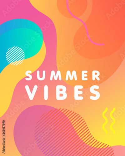 Unique artistic card - sunny vibes with bright gradient background,shapes and geometric elements in memphis style.Bright poster perfect for prints,flyers,banners,invitations,special offer and more.