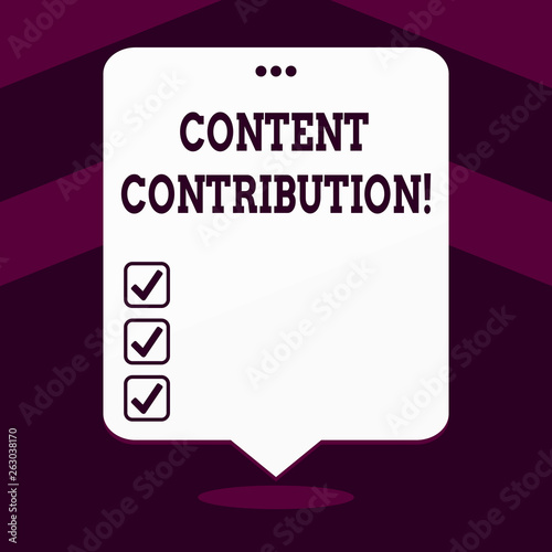 Writing note showing Content Contribution. Business concept for contribution of information to any digital media White Speech Balloon Floating with Three Punched Hole on Top photo