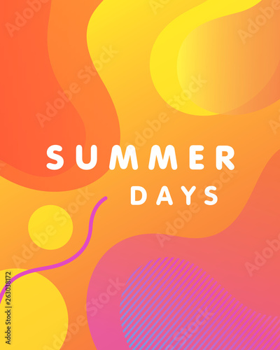 Unique artistic card - summer days with bright gradient background,shapes and geometric elements in memphis style.Bright poster perfect for prints,flyers,banners,invitations,special offer and more.