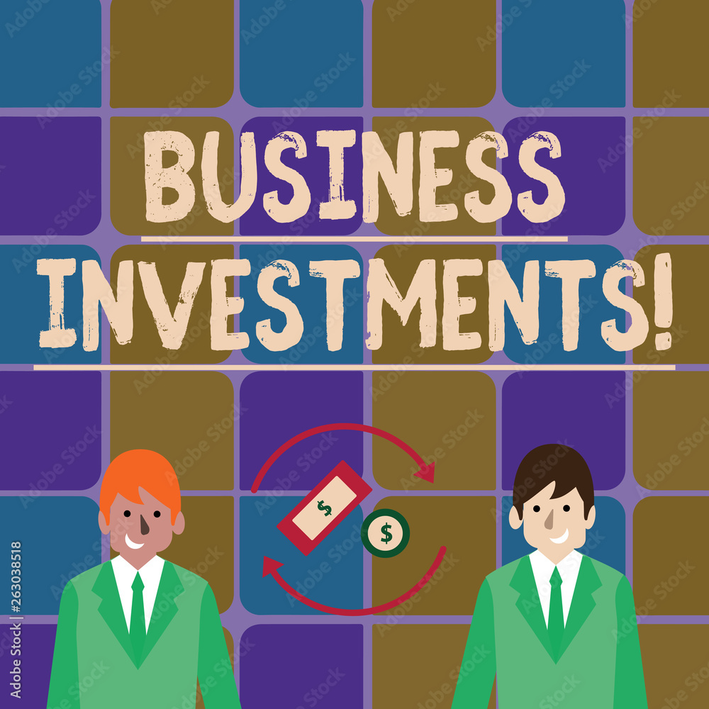 Handwriting text writing Business Investments. Conceptual photo act of committing money or capital to an endeavor Money in Dollar Currency Sign Inside Rotating Arrows Between Two Businessmen Handwriting text writing Business Investments. Conceptual photo act of committing money or capital to an endeavor Money in Dollar Currency Sign Inside Rotating Arrows Between Two Businessmen