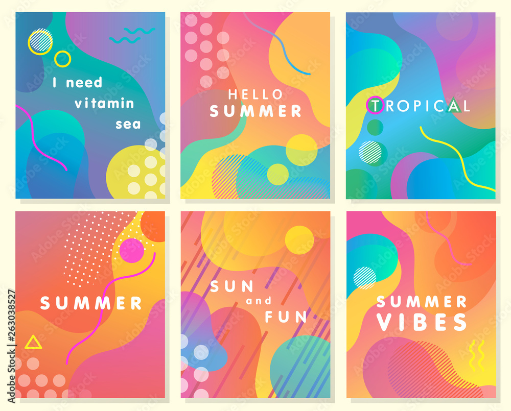 Unique artistic summer cards with bright gradient background,shapes and geometric elements in memphis style.Abstract design cards perfect for prints,flyers,banners,invitations,special offer and more. Unique artistic summer cards with bright gradient background,shapes and geometric elements in memphis style.Abstract design cards perfect for prints,flyers,banners,invitations,special offer and more.