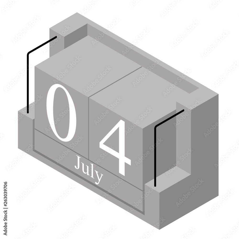 July 4th date on a single day calendar. Gray wood block calendar present date 4 and month May isolated on white background. Holiday. Season. Vector isometric illustration July 4th date on a single day calendar. Gray wood block calendar present date 4 and month May isolated on white background. Holiday. Season. Vector isometric illustration