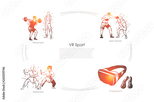 VR sports - home gym, sport games, martial arts, vr equipment vector concept set