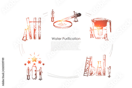 Water purification - devices for purification water pipette, flask, bottle, filter vector concept set