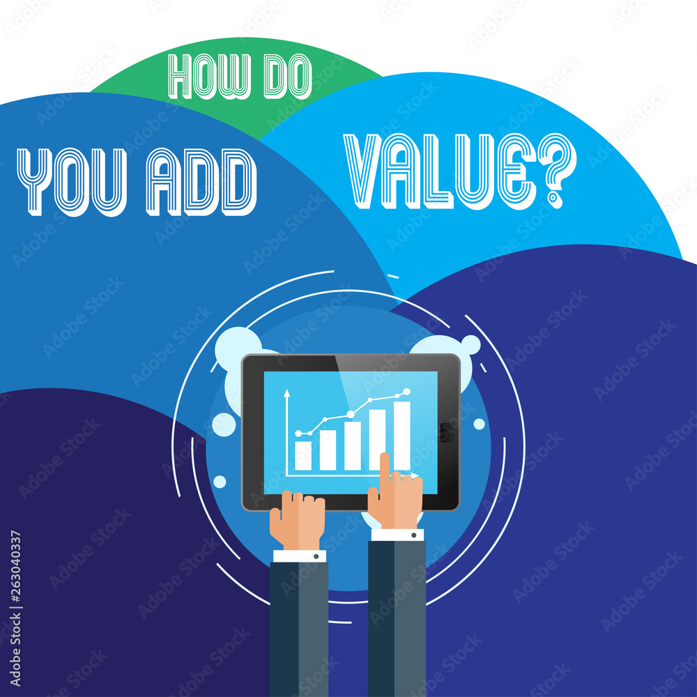Handwriting text How Do You Add Value Question. Conceptual photo improve work undertaking production process Businessman Hand Touching Pointing to Bar Line Chart on Smartphone Screen Handwriting text How Do You Add Value Question. Conceptual photo improve work undertaking production process Businessman Hand Touching Pointing to Bar Line Chart on Smartphone Screen