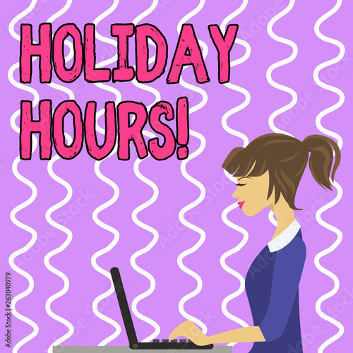 Conceptual hand writing showing Holiday Hours. Concept meaning Overtime work on for employees under flexible work schedules Strip Size Lined Paper Sheet Hanging Using Blue Clothespin