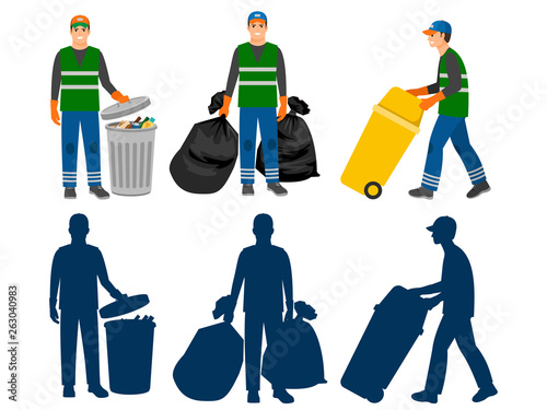 Garbage man cartoon characters and silhouettes vector illustration