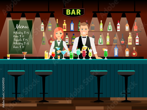 Male and female bartenders vector background. Bar vector illustration