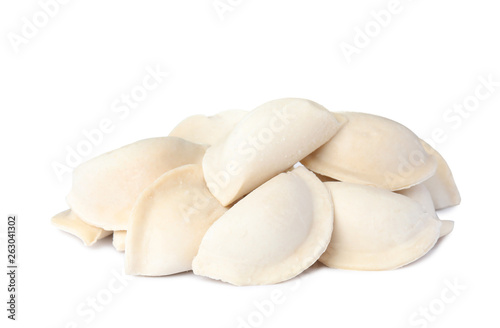 Raw dumplings on white background. Home cooking