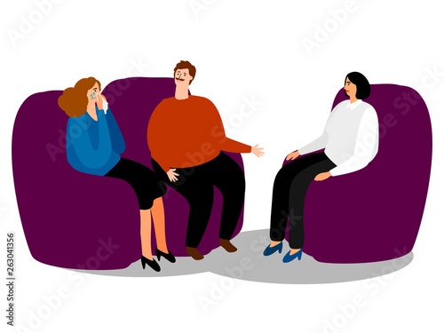 Psychotherapy. Family psychologist speaking with couple, family psychiatry concept vector illustration