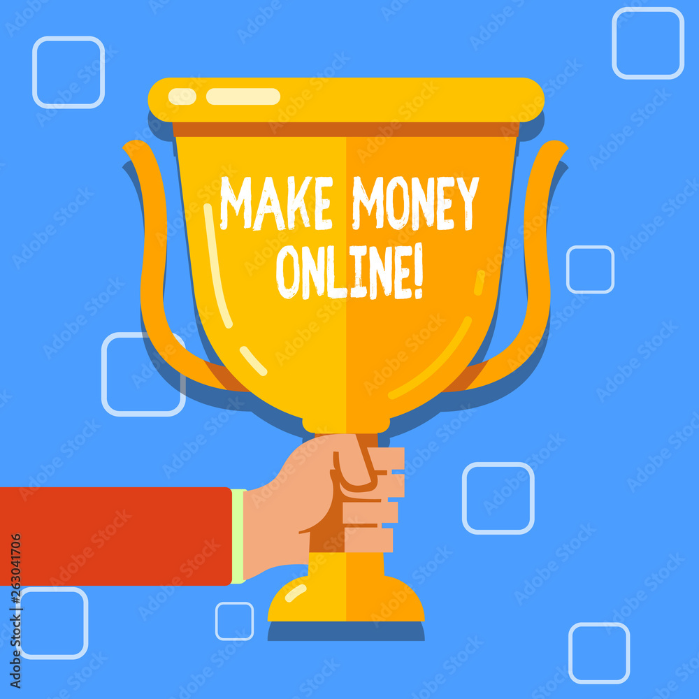 Writing note showing Make Money Online. Business concept for making profit using internet like freelancing or marketing Hand Holding Championship Winners Cup Trophy with Reflection Writing note showing Make Money Online. Business concept for making profit using internet like freelancing or marketing Hand Holding Championship Winners Cup Trophy with Reflection