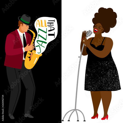Jazz musician and afroamerican singer vector banners template. Jazz songstress performance, headliner vocalist on concert illustration