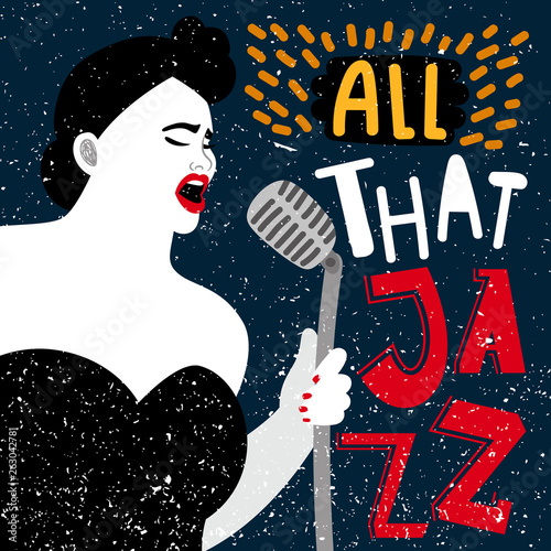 Music banner with female singer. All that jazz vector illustration. Performance woman jazz vocal, talent vocalist