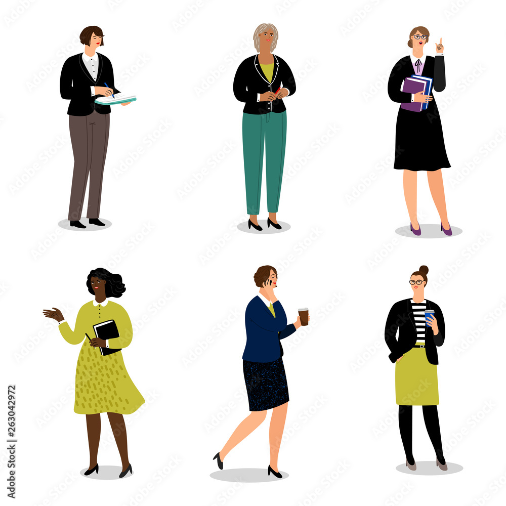Businesswomen with phones and papers. Vector office women walk and communicate - vector illustration. Businesswoman phone conversation, multitask businesspeople illustration Businesswomen with phones and papers. Vector office women walk and communicate - vector illustration. Businesswoman phone conversation, multitask businesspeople illustration
