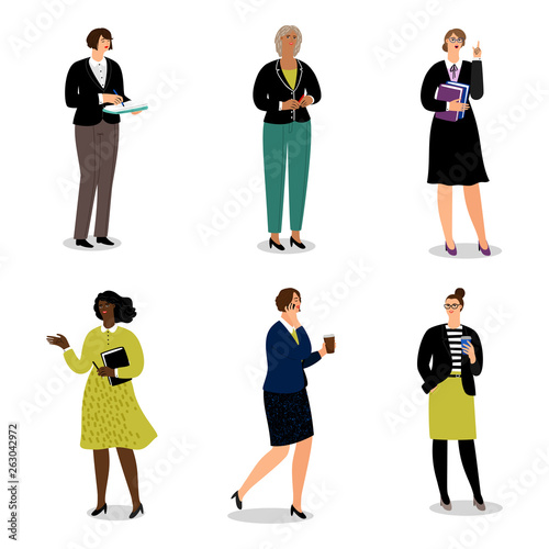 Businesswomen with phones and papers. Vector office women walk and communicate - vector illustration. Businesswoman phone conversation, multitask businesspeople illustration