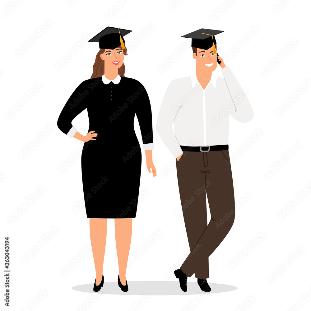 Graduates people in official clothes vector illustration. Students graduation woman and man Graduates people in official clothes vector illustration. Students graduation woman and man