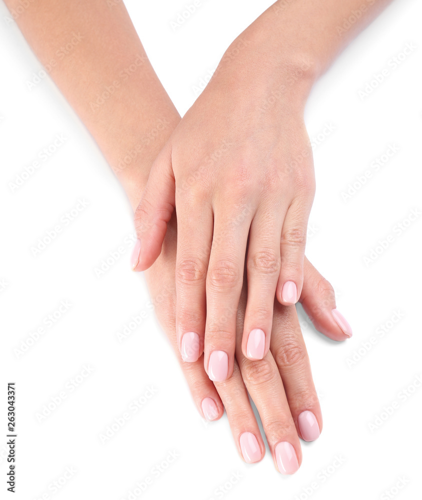 Woman with beautiful hands on white background, closeup. Spa treatment Woman with beautiful hands on white background, closeup. Spa treatment